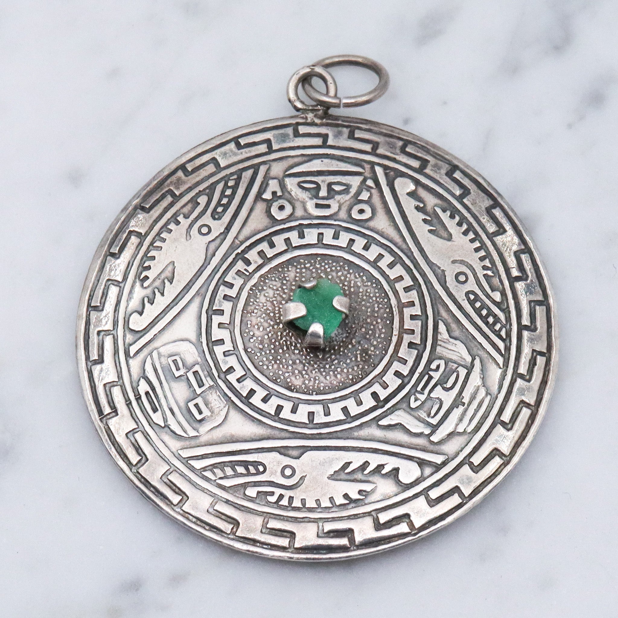 Vintage Peruvian sterling silver raw emerald pendant medallion